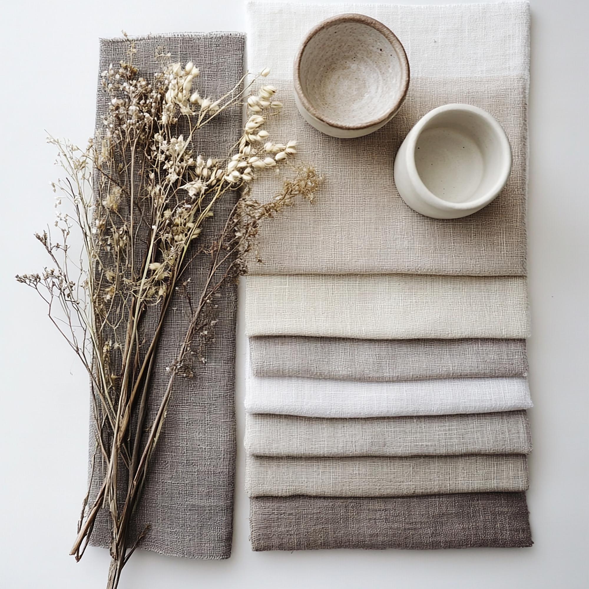 Stack of embroidered linen samples in neutral tones